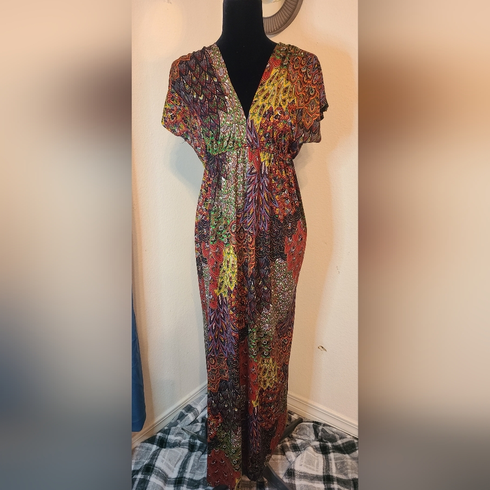 Red and Gold Resort Wear Maxi Gown with Dolman Sleeves